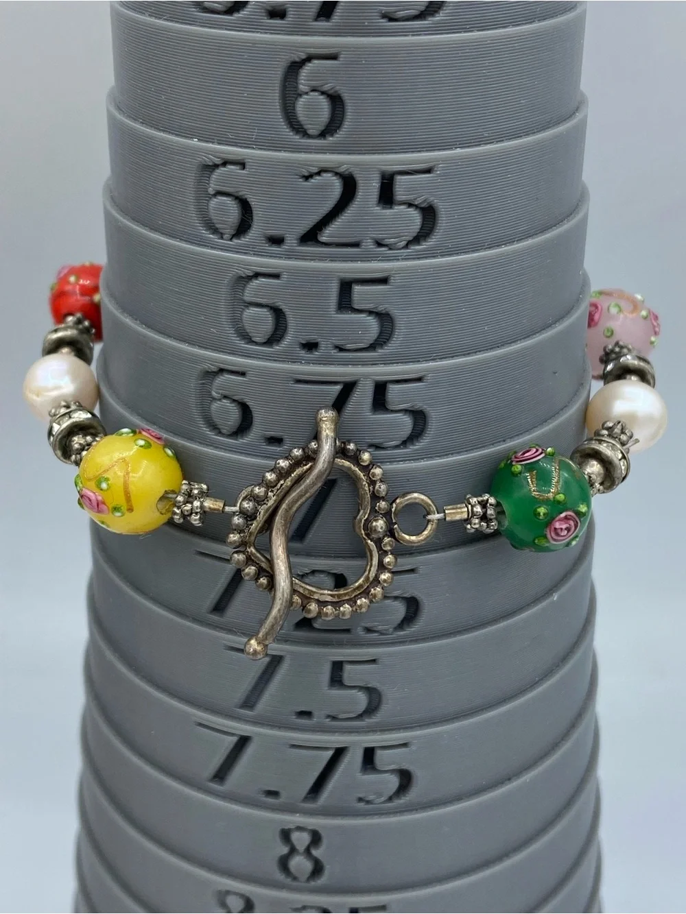 Charming Hand Painted Glass Bead, Pearl, Rhinestone Bracelet With Toggle Clasp
